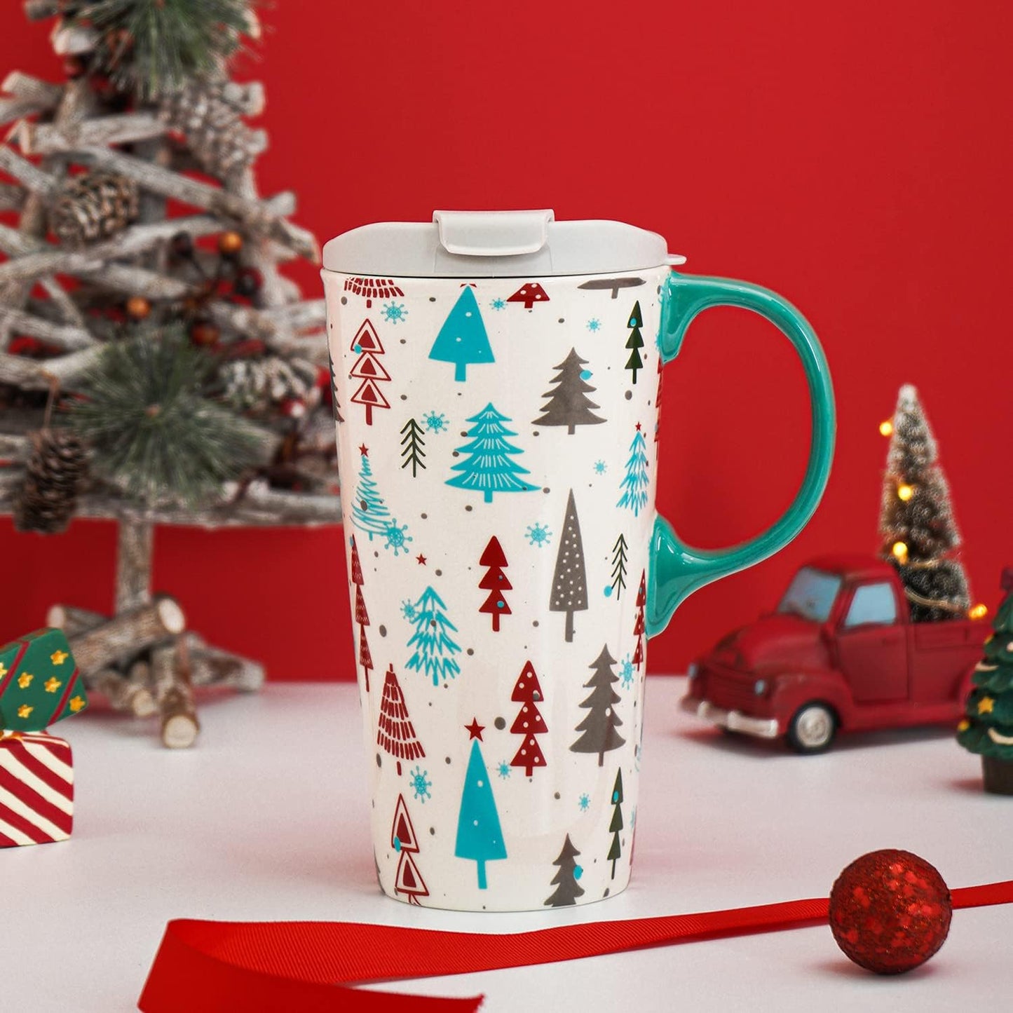 Topadorn Christmas Tree Ceramic Mug Coffee Cup with Spill-proof Lid and Box, 17 Oz.