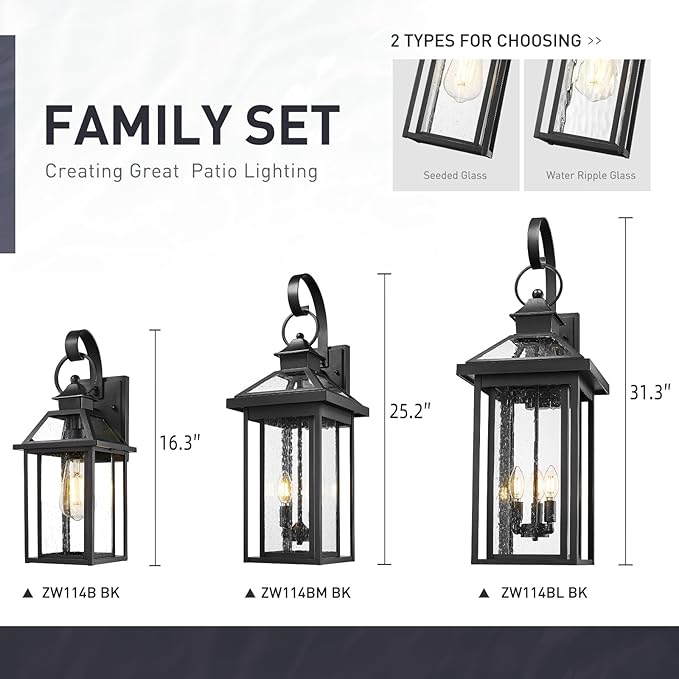 zeyu Outdoor Wall Mount Light Sconce, 16.3 Inch Farmhouse Exterior Wall Light for Garage in Black Finish, Die-Cast Aluminum with Seeded Glass Shade, ZW114B BK