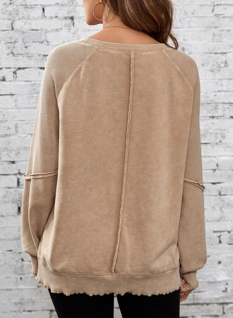 Women's Oversized Crewneck Sweatshirt - Casual Off-The-Shoulder Waffle Knit Pullover