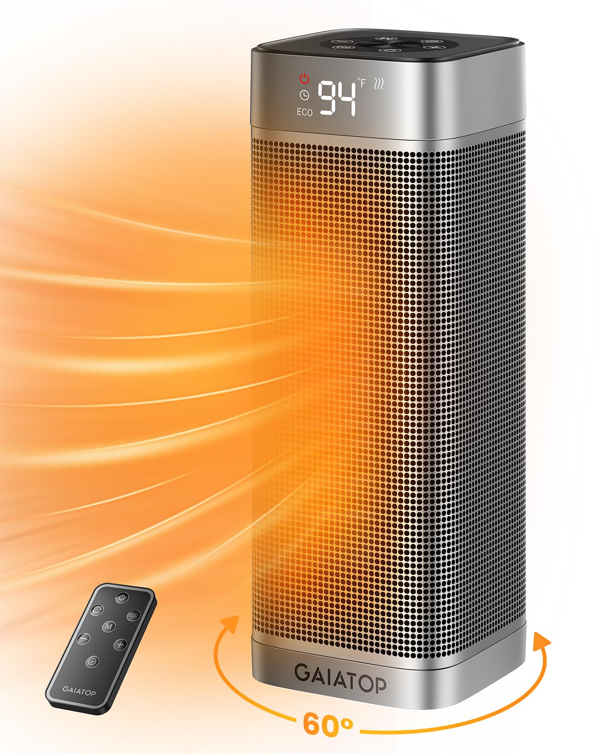 Gaiatop Space Heaters for Indoor Use, Portable Electric Heater with Thermostat, 1500W PTC Ceramic Room Heater with Remote, 5 Modes, 60° Oscillating, 12H Timer Fast Heating Bedroom Office Bathroom Home