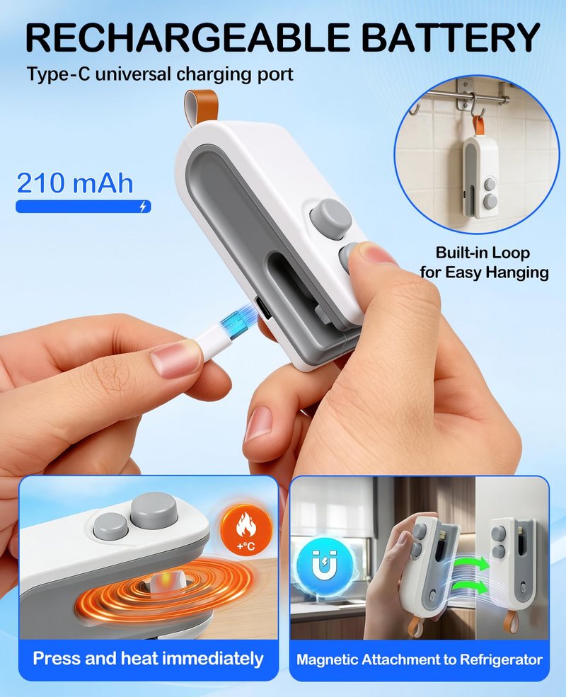 3-in-1 Mini Bag Sealer with Cutter and Magnet,Rechargeable Handheld Bag Sealer,Portable Heat Sealer for Heavy-Duty Plastic Snack & Chip Bags, Food Saver, Kitchen Storage