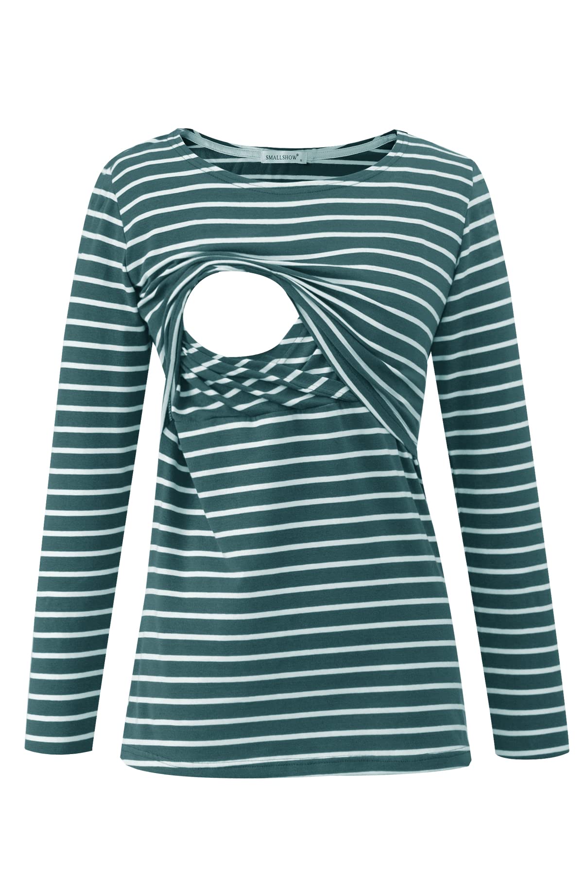 Smallshow Women's Long Sleeve Breastfeeding Top Maternity Nursing T-Shirt Pregnancy Clothes Deep Green Stripe M