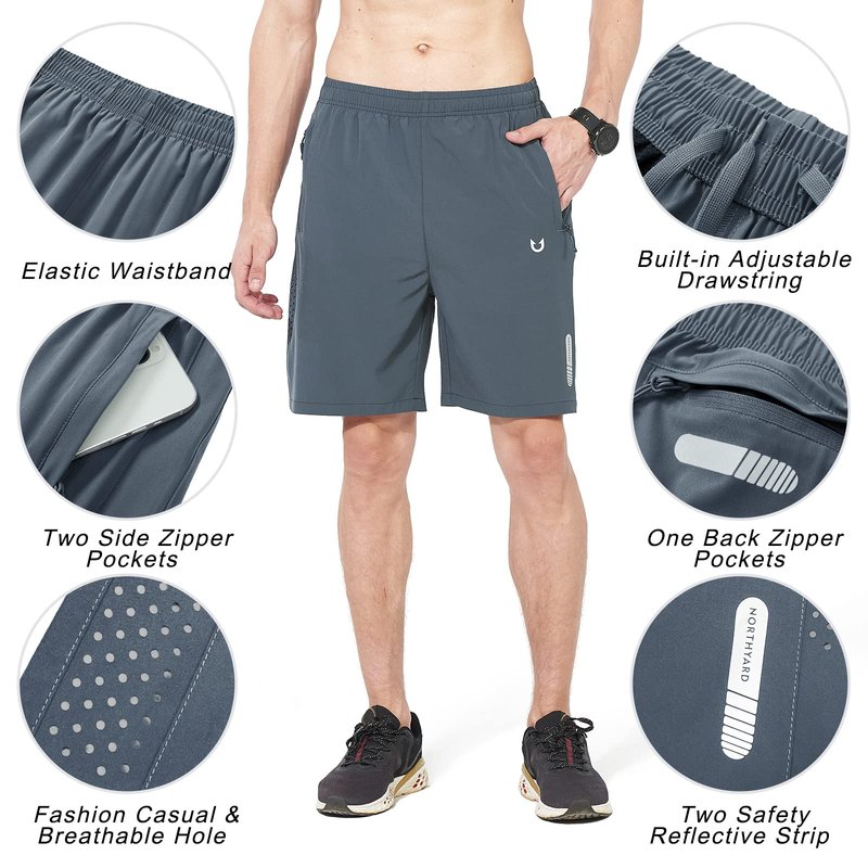 NORTHYARD Men's Athletic Running Shorts Gym Workout 7"/9"/5" Quick Dry Lightweight Sports Basketball Tennis 3 Zipper Pockets COOLGREY 4XL