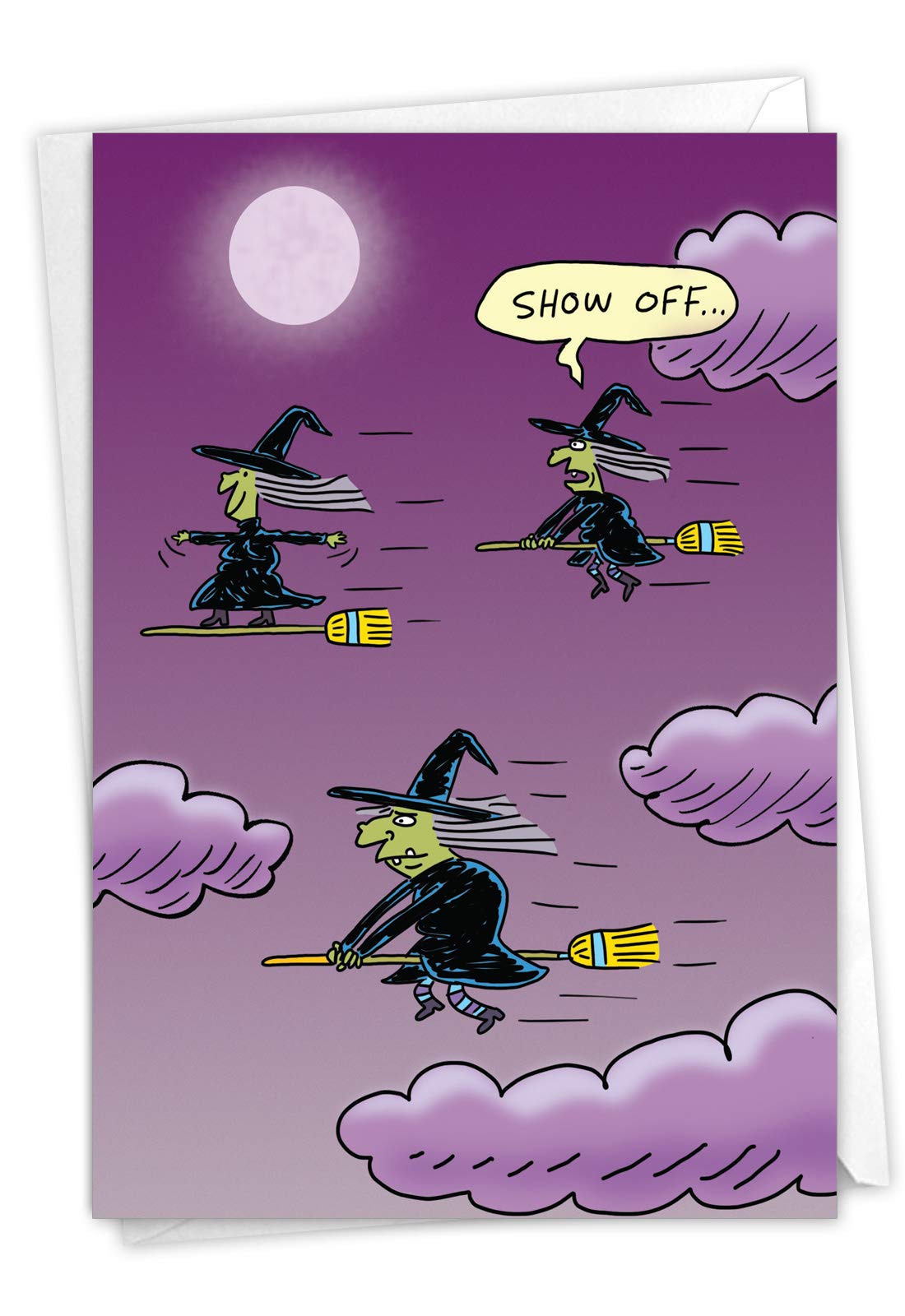 NobleWorks - Happy Halloween Card Funny - Fun Cartoon Humor, Spooky Greeting Notecard with Envelope - Surfing Witch C6247HWG