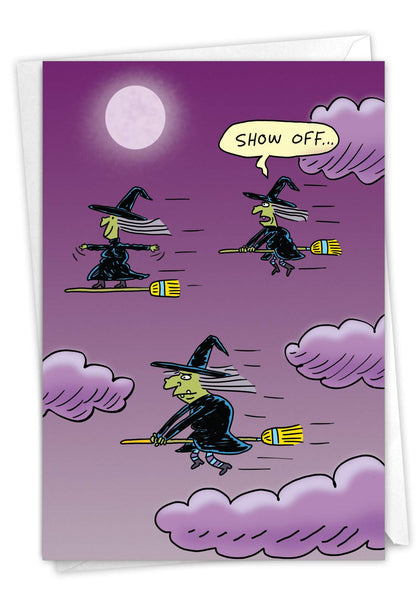 NobleWorks - Happy Halloween Card Funny - Fun Cartoon Humor, Spooky Greeting Notecard with Envelope - Surfing Witch C6247HWG