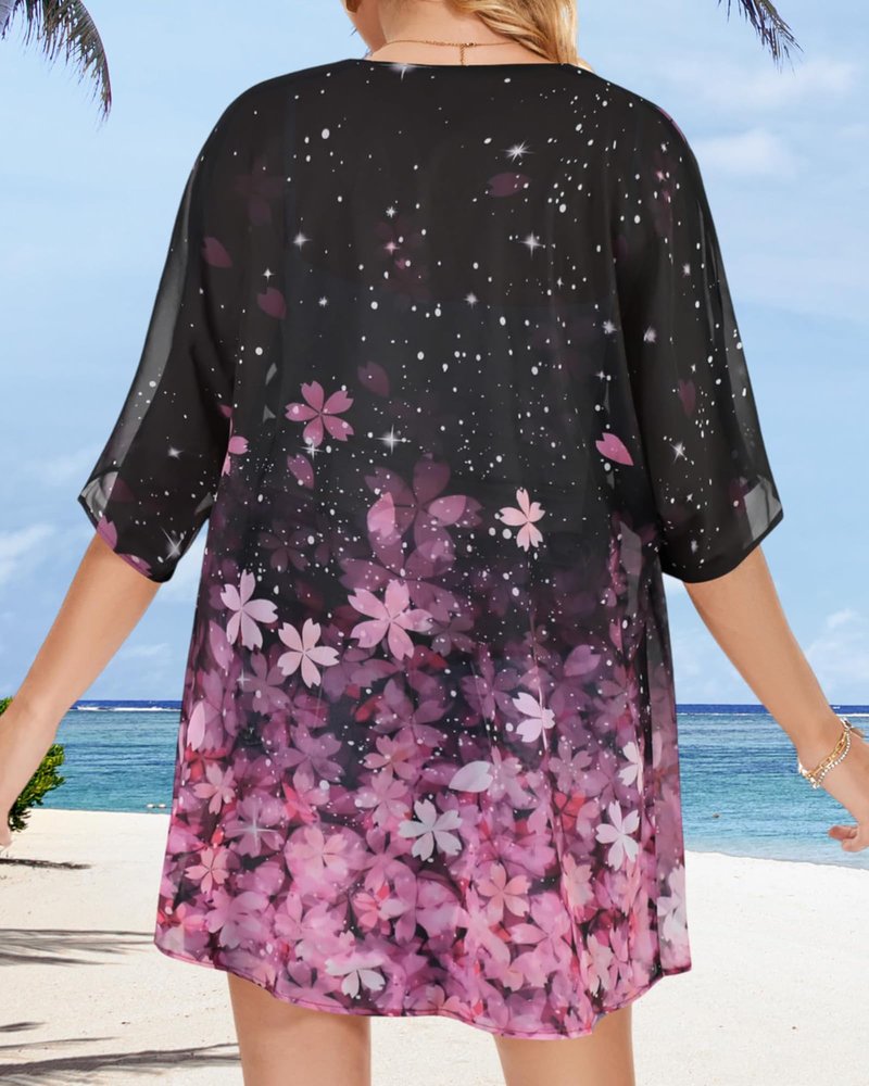 Women's Floral Print Puff Sleeve Kimono Cardigan Loose Cover Up Casual Blouse Tops(Black Pink Purple Floral,2XL)
