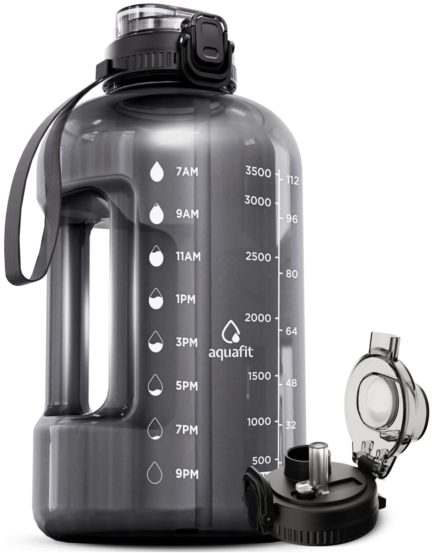 AQUAFIT 1 Gallon Water Bottle with Time Marker - Straw & Chug Lid - BPA Free Gym Water Bottle with Straw - Big Gallon Jug (Gray, 128 oz - 2in1 Lid)