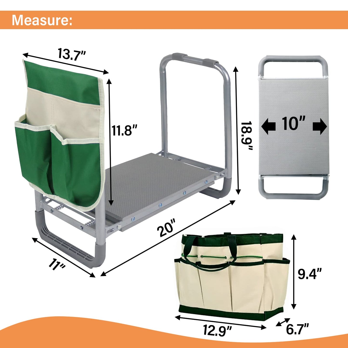 BDL Garden Kneeler Seat Foldable Durable Garden Stool with Tool Bag Pouch and Garden Gloves 330lb Capacity-Protects Your Knees, Clothes from Dirt & Grass Stains