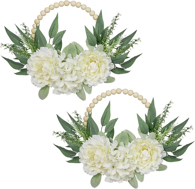 Spring Wreaths for Front Door 10" Artificial Floral Wood Bead Wreaths Eucalyptus Leaves Peony Hydrangea Wreaths for Front Door Boho Farmhouse Wall Decor 2 Pack - White