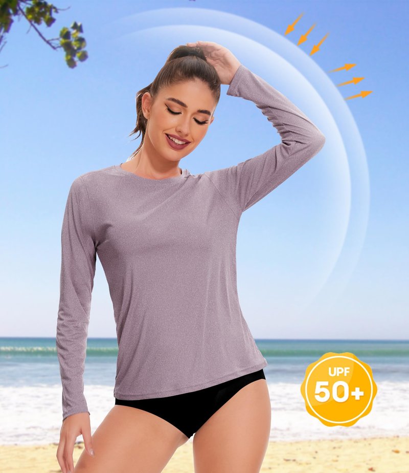 Kinglaman 6 Pack Women's Long Sleeve Workout Dry Fit Shirts, UPF 50+ Rash Guard SPF UV Sun Protection Shirts Crew Neck 1 Black 1 Gray 1 Blue 1 Purple 1 Dark Pink 1 Green Medium