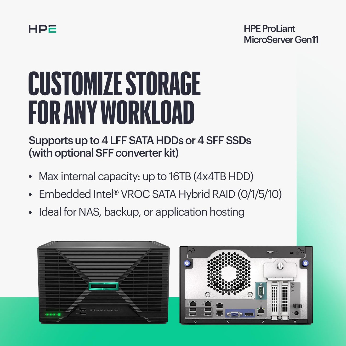 Hewlett Packard Enterprise ProLiant MicroServer Gen11 Tower Server, Intel Xeon 6325P Processor, 32GB Memory, 4TB HDD Storage, External 180W US Power Supply (HPE Smart Choice P86771-005)