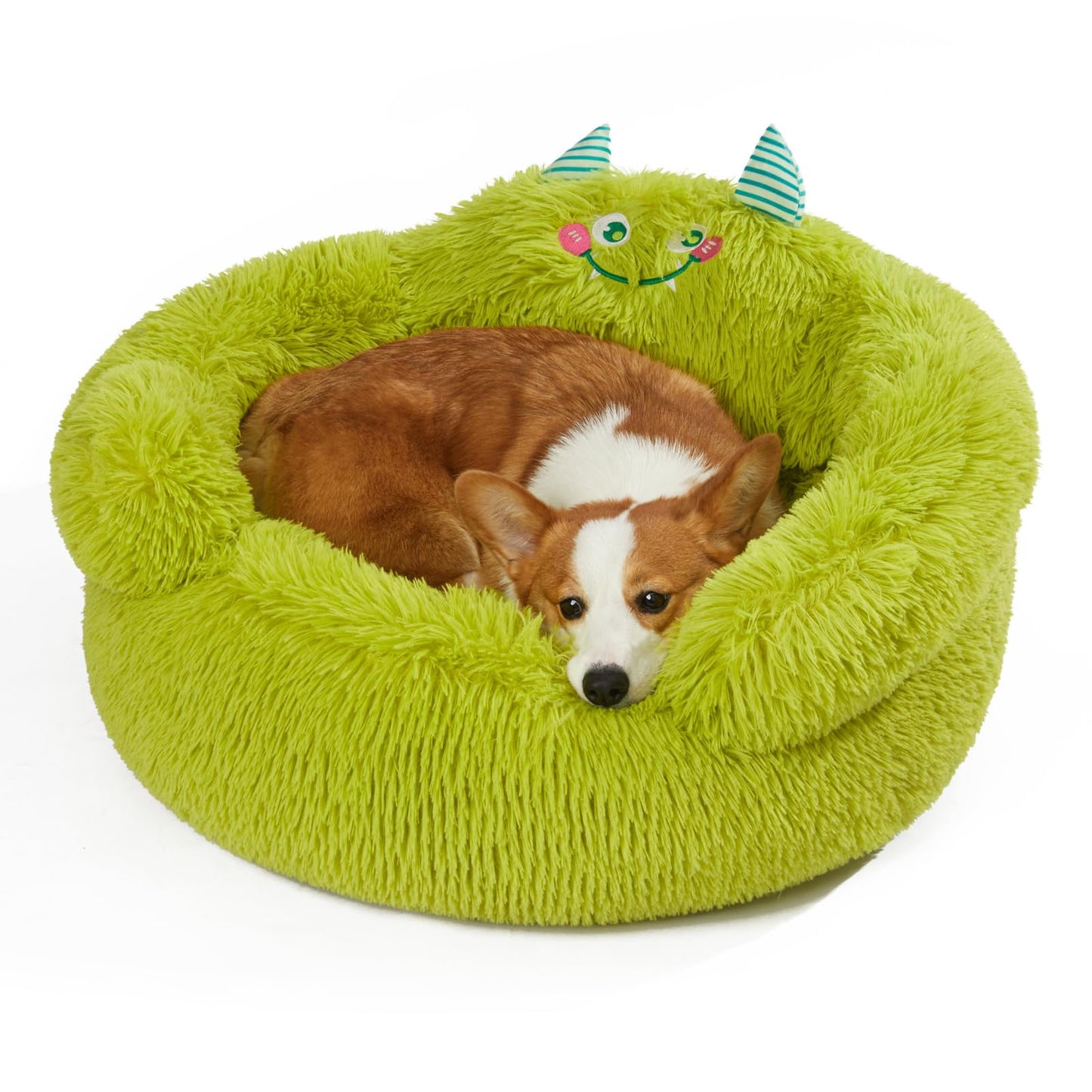 Jiupety Cute Calming Dog and Cat Bed, Anti-Anxiety Donut for Small Pets, Cozy Soft Pet Round Cuddler Bed with Non-Slip Bottom, L(27"×27"×14"), Green