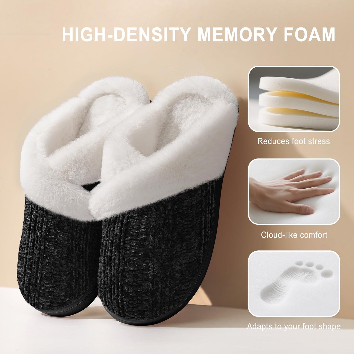 Black Slippers for Women Fuzzy House Slip on Indoor Outdoor Bedroom Furry Fleece Lined Ladies Comfy Memory Foam Female Home Shoes Anti-Skid Rubber Hard Sole Black Size 11-12