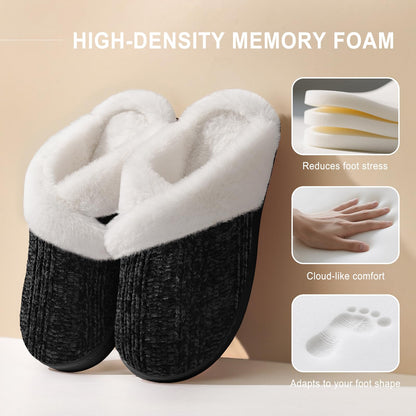 Black Slippers for Women Fuzzy House Slip on Indoor Outdoor Bedroom Furry Fleece Lined Ladies Comfy Memory Foam Female Home Shoes Anti-Skid Rubber Hard Sole Black Size 11-12
