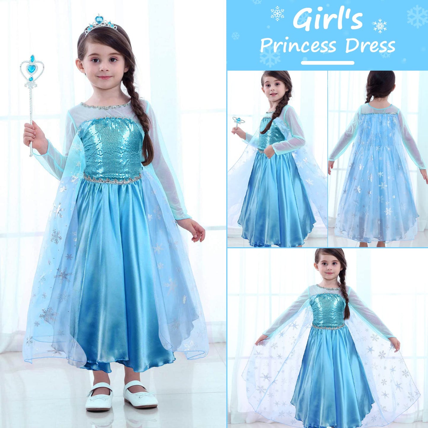 URAQT Dress Up for Girls, Princess Costumes for Girls, Fancy Princess Dress, Princess Costume with Fairy Wand and Crown Tiara, Deluxe Girls Fancy Dress for Party Cosplay Bridesmaid Pageant