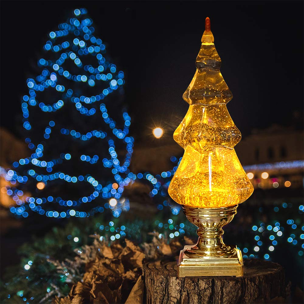 DRomance LED Light Up Musical Snow Globe Christmas Tree, 14 Inch Tall Singing Snow Globe Christmas Tree Shaped with Pedestal