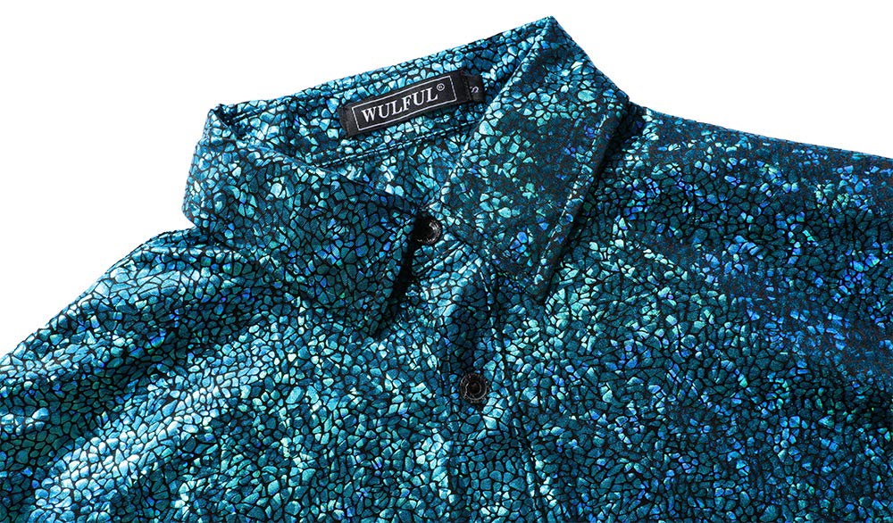 WULFUL Men Dress Shirt Sequins Long Sleeve Button Down Shirt Luxury Disco Party Nightclub Christmas Prom Costume