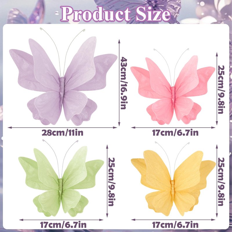 3D Hanging Butterfly Decorations Butterfly Party Decorations 4PCS Pastel Large Paper Butterfly Decorations for Girls Women Wedding Backdrop Birthday Flower Garden Party Decor