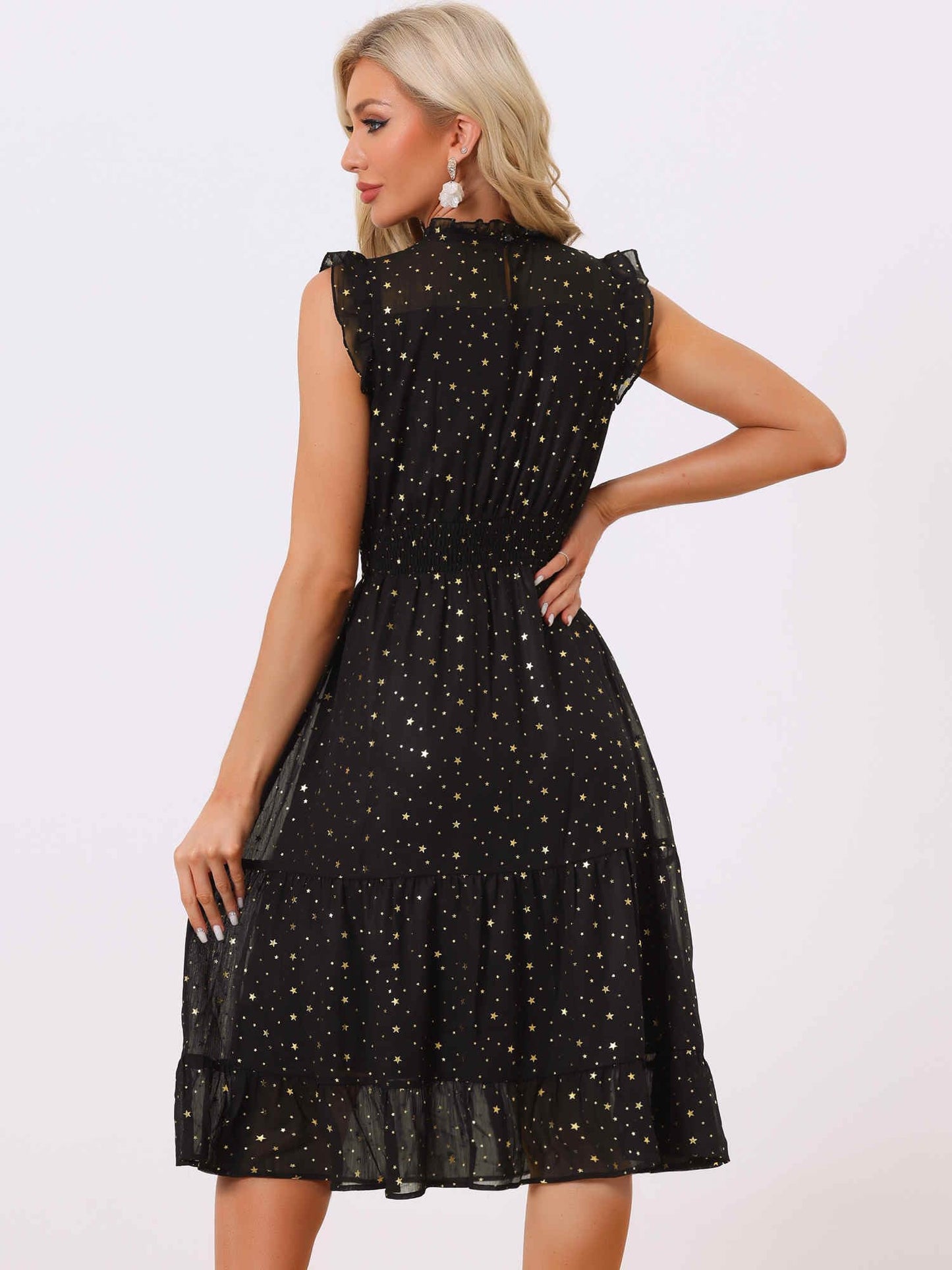 Allegra K Casual Chiffon Midi Dress for Women Halloween Sleeveless Smocked Waist Gilding Metallic Stars Party Dresses X-Large Black