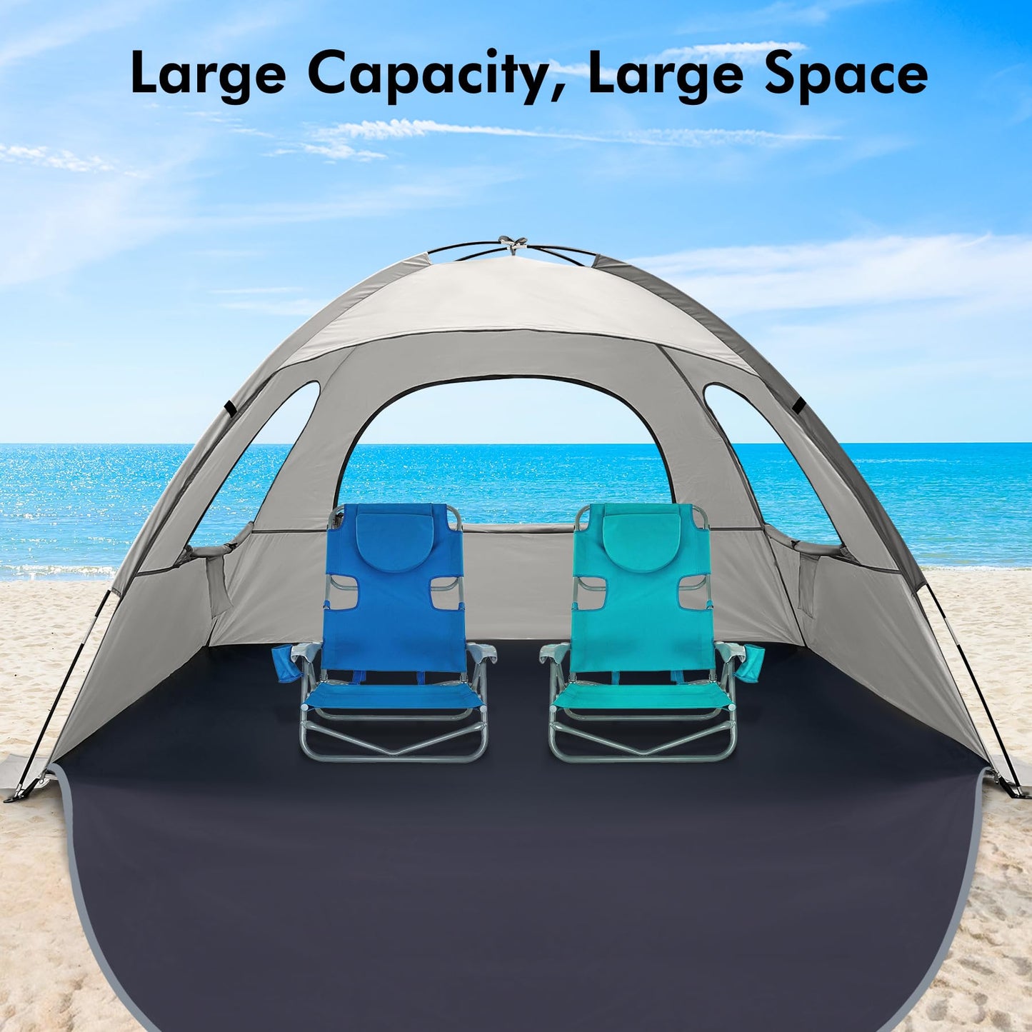 WhiteFang Beach Tent Anti-UV Portable Sun Shade Shelter for 6 Person, Extendable Floor with 3 Ventilating Mesh Windows Plus Carrying Bag, Stakes and Guy Lines (Baby's Breath)