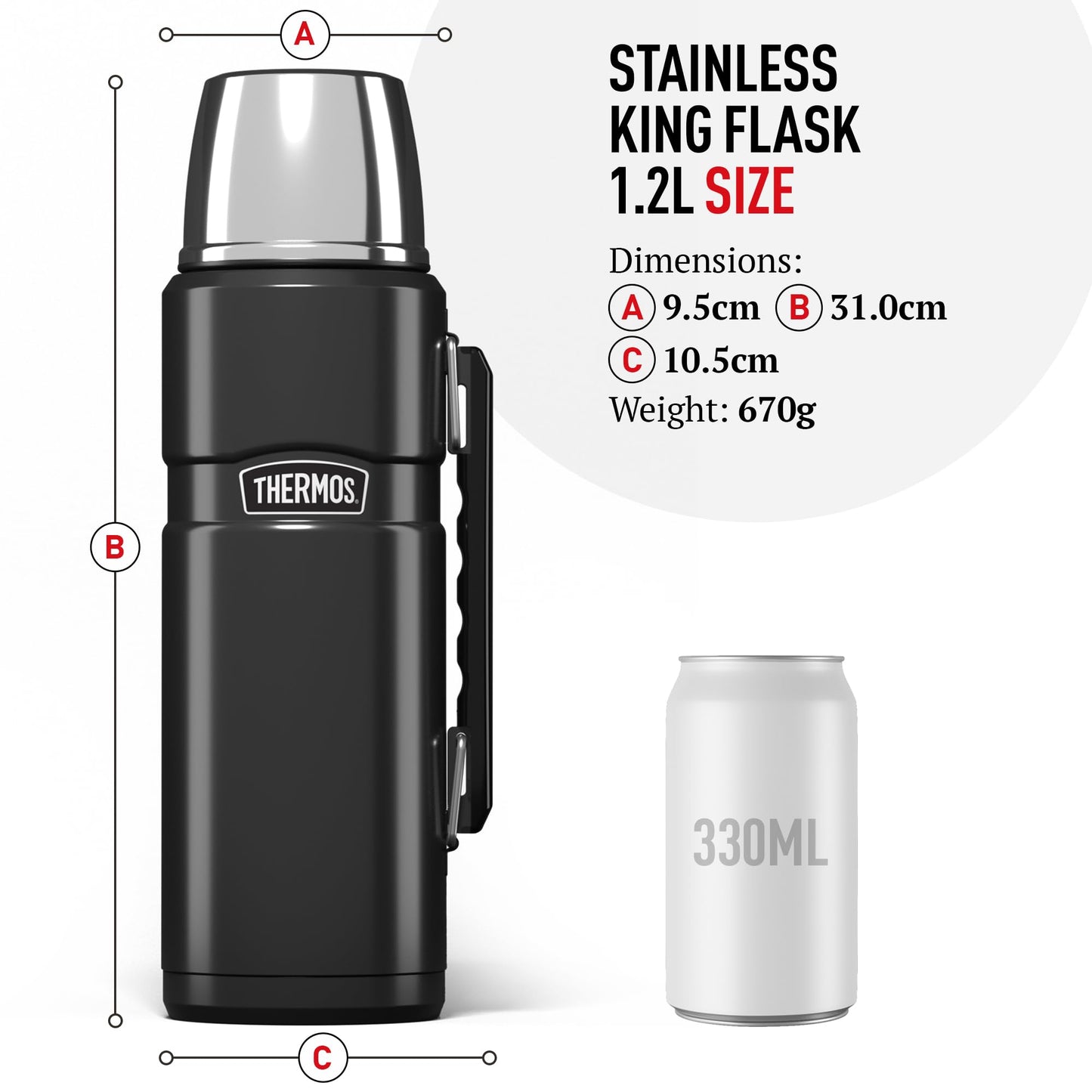 Thermos - Stainless King Red Travel Flask (1.2L) - Premium Leak Proof Insulated Tea & Coffee Flask for Hot & Cold Drinks, Built-in Cup, Twist-Pour Stopper, BPA-Free, Durable Steel