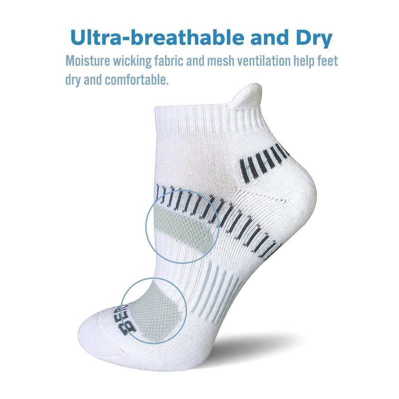 BERING Women's Athletic Running Cushioned Ankle Socks, Size 9-11, White, 6 Pairs