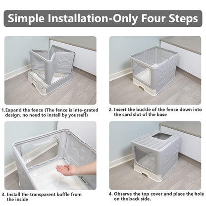 Foldable Cat Litter Box with Lid, Enclosed Potty, Large Top Entry Anti-Splashing Toilet, Easy to Clean Including Litter Scoop and 2-in-1 Cleaning Brush (Grey)