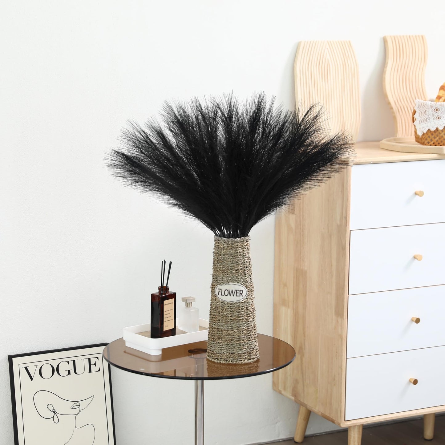 Wertuirk 30pcs Black Pampas Grass - 24 Inch Faux Pampas Grass Decor, Short Artificial Pampas Grass for Gothic Room Decoration, Wedding, Party, Halloween and Home Decor(Black)