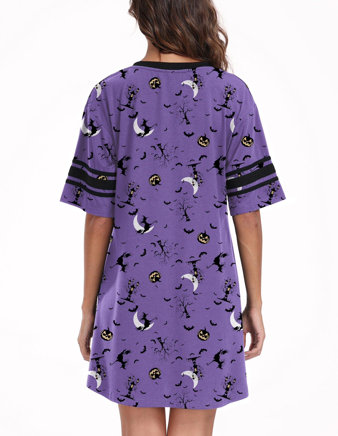 REGAI Women's Nightgown Short Sleeve V Neck Nightshirt Casual Sleepwear, Halloween Purple, XXL