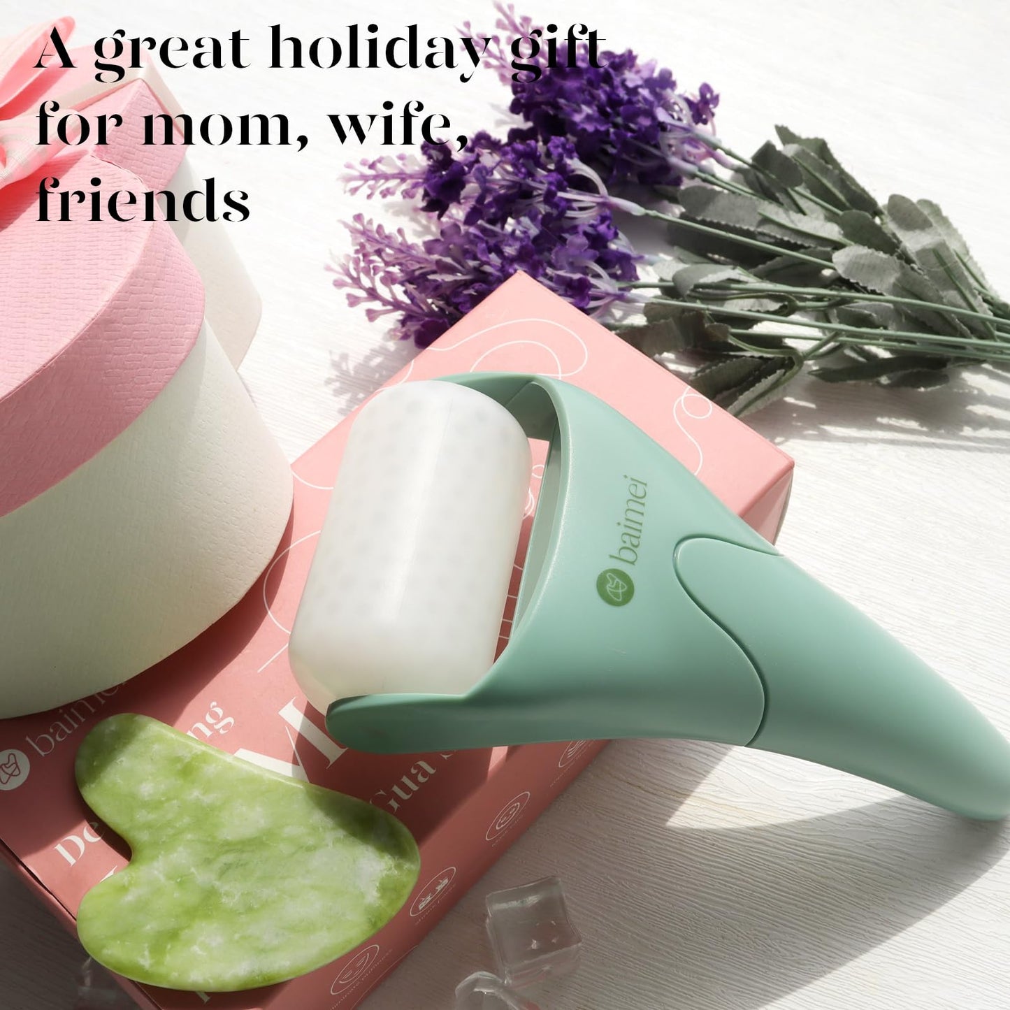 BAIMEI IcyMe Ice Roller for Face and Gua Sha Facial Tool Set, Ice Face Roller Reduces Puffiness Relieves Migraines Skin Care Tools, Self Care Gift for Women - Pink