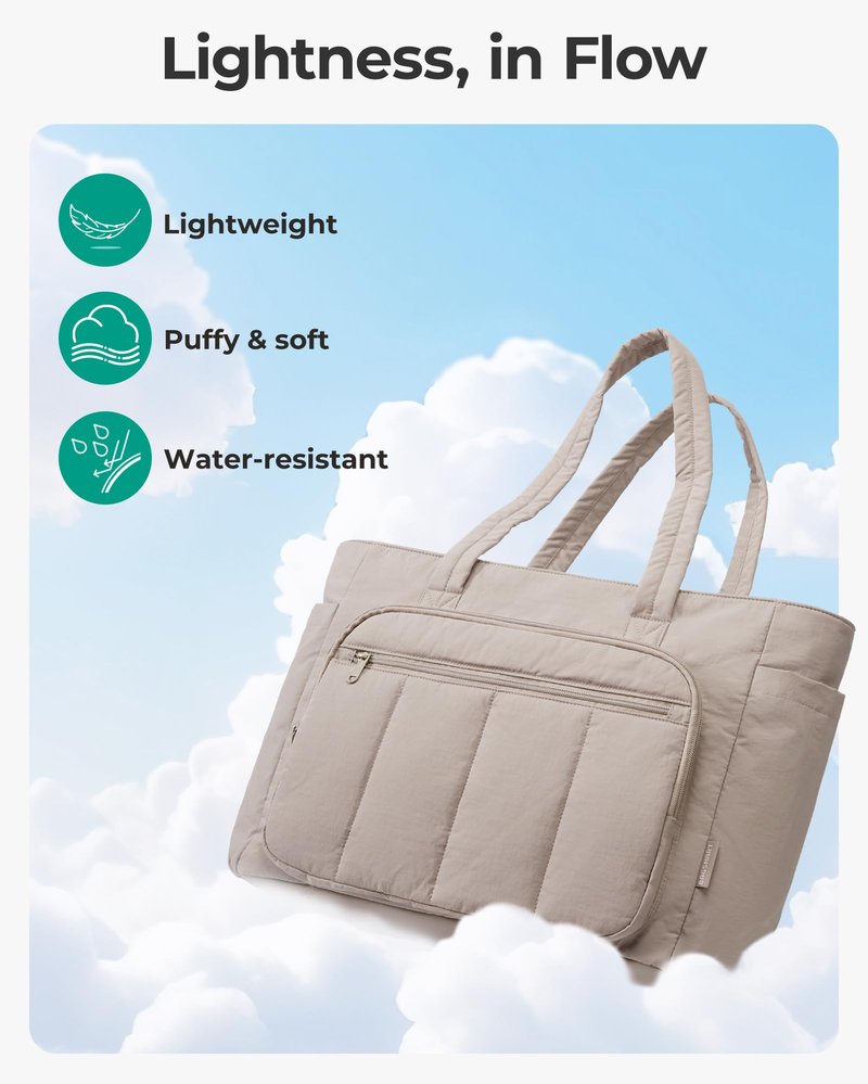 BAGSMART Tote Bag for Women, 2 Set Puffer Tote Bag with Zipper, Quilted Nurse Handbags for Work Travel College, Chocolate