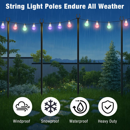FHNFHN String Light Poles 4 Pack,10FT Metal String Light Poles for Outside, Adjustable Outdoor Poles for Patio, Deck, Garden, Wedding, Backyard, Christmas Party Decor, Sturdy with Hooks