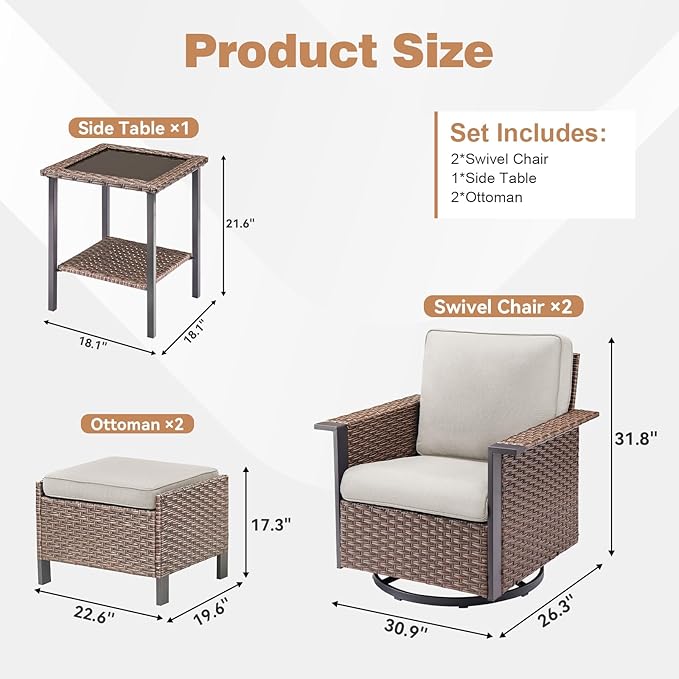 5 Pieces Outdoor Patio Furniture Set-High Back Wicker Patio Swivel Glider Chairs with 2 Multifunctional Ottoman and Glass Side Table, Outdoor Patio Conversation Sets for Porch Deck Brown/Beige
