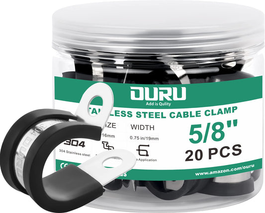 OURU 20pcs 5/8 Inch Stainless Steel Cable Clamps,Rubber Coated Cushioned Insulated Cable Clamp,Automotive Cable Wire Clamps,Pipe Clamps,Metal Clamp for Tube,Lines,Wire Cord Installation(Black,16mm)