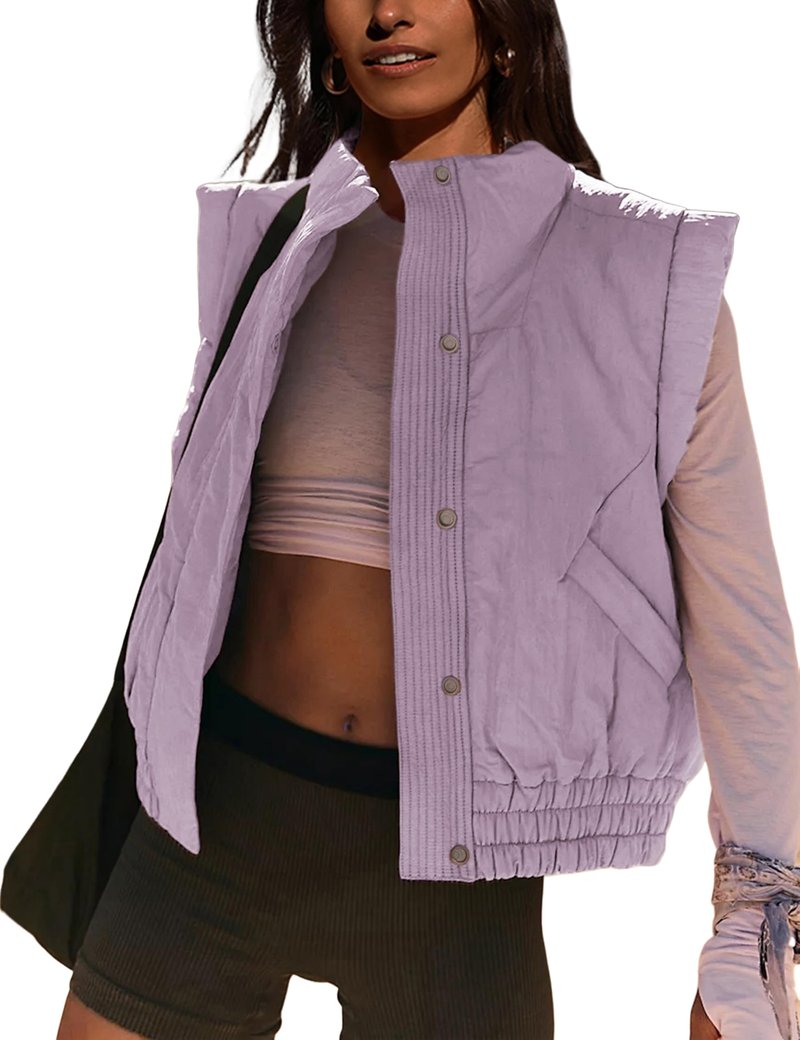 Lviefent Womens Puffer Vest Cropped Lightweight Button Down Quilted Vest Sleeveless Padded Gilet Coat with Pockets (Purple-XS)