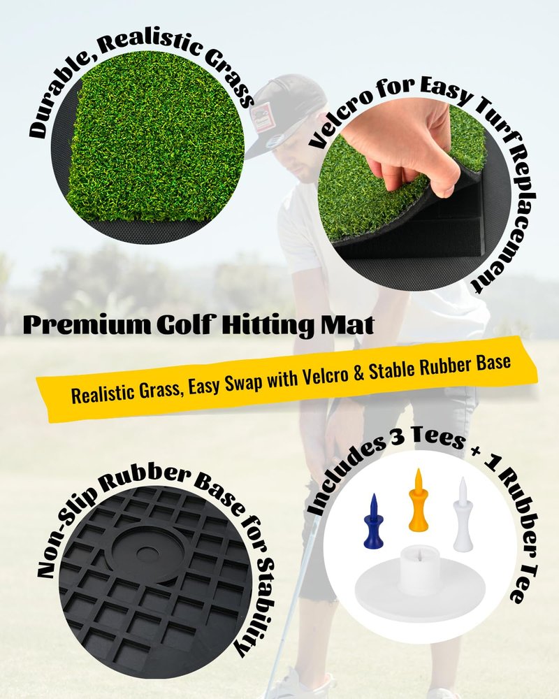 FODESAN Golf Hitting Mat – Golf Gifts Dual Turf Swing Trainer Practice Mat with Replaceable Surfaces & Tees – Indoor/Outdoor, Golf Net & Simulator-Compatible Training Mat for Winter Practice