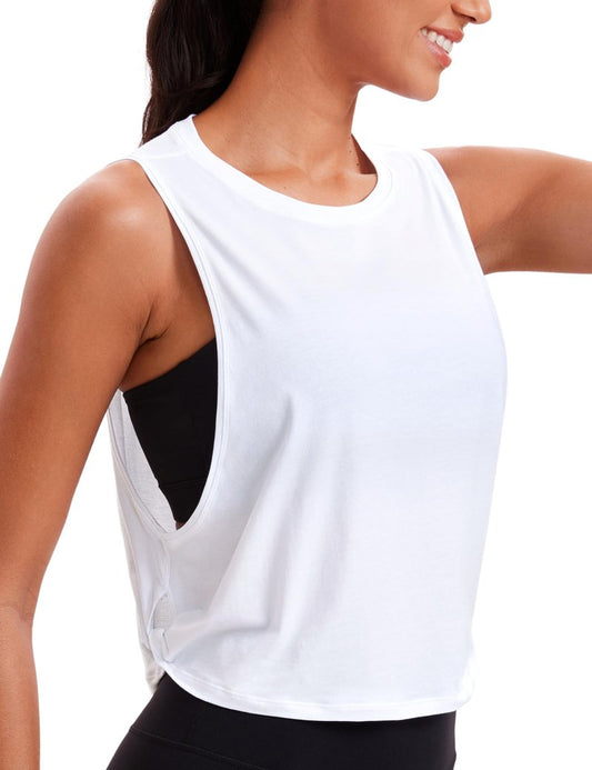 CRZ YOGA Pima Cotton Cropped Workout Tank Tops for Women - Sleeveless Sports Athletic Yoga Running Gym Crop Shirts Deep Armhole-White Medium