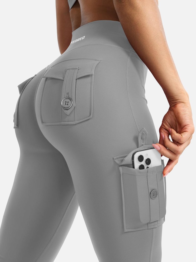 YEOREO CoreFlex Women Workout Flare Leggings with Pockets Hidden Scrunch High Waisted Cargo Gym Yoga Leggings Light Grey L