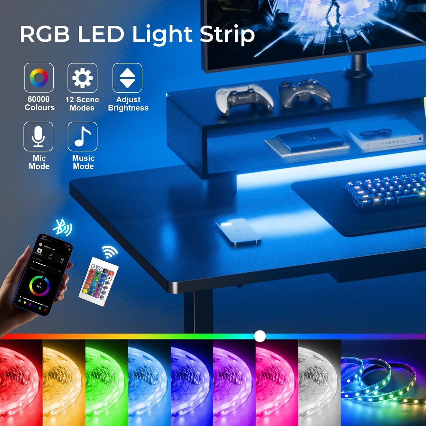 GTPLAYER Electric Standing Desk with Drawers, 55 x 24 Inch Height Adjustable Gaming Desk with Monitor Stand, Power Outlets & LED Lights, Home Office Sit Stand Up Desk with Memory Preset Controller