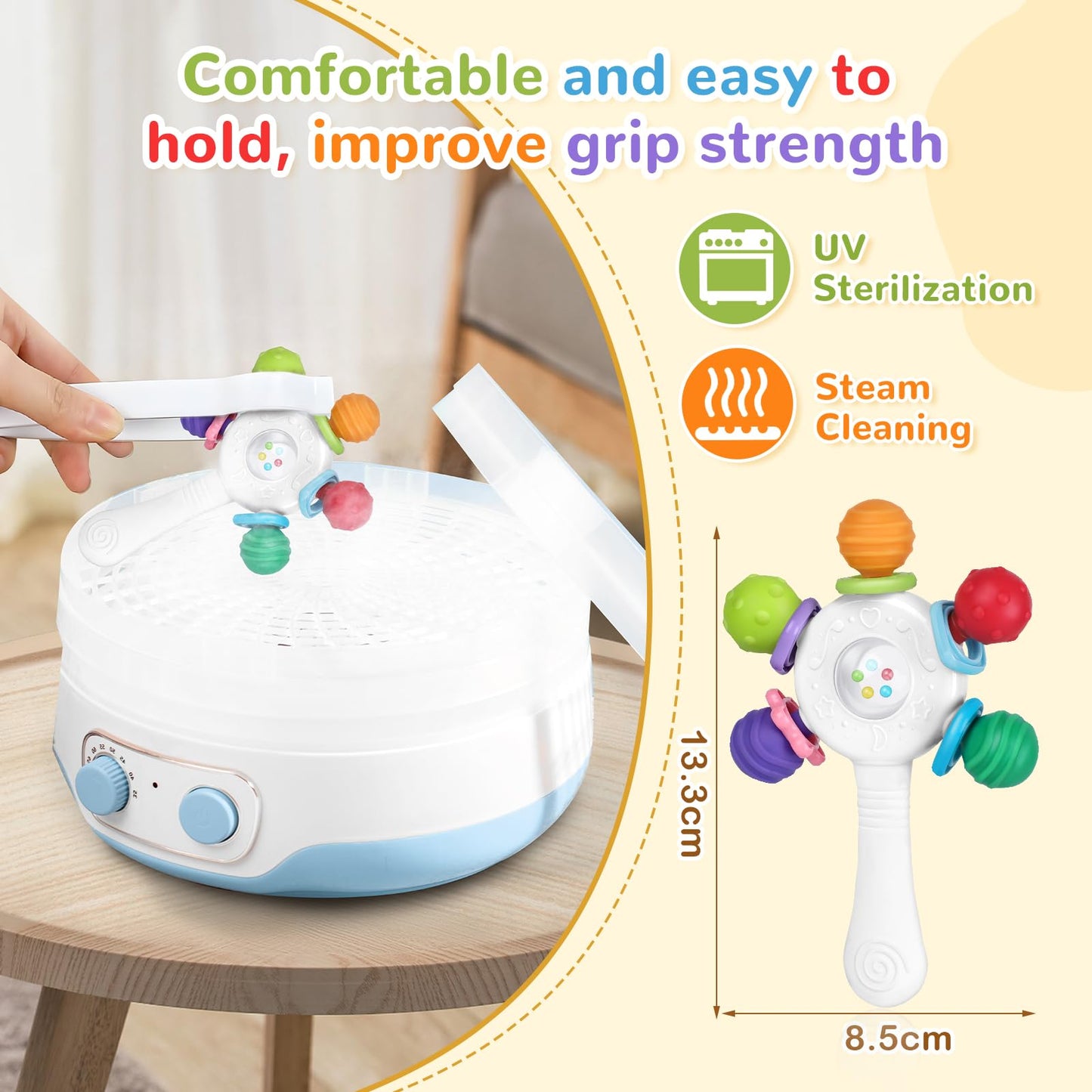 Food Quality Baby Rattle - Teething Ring - BPA - Free,Suitable for Choking - Design,Grip strengthening,Suitable for Hearing Development and Teeth Development,Ideal for Babies Aged 0-36 Months (White)