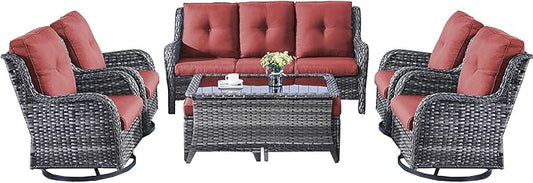 Rilyson Patio Furniture Swivel Chairs Set - 8 PC Wicker Rattan Outdoor Sectional Conversation Sets with 4 Swivel Rocking Chairs,2 Ottomans,1 Sofa and 1 Coffee Table for Porch Deck(Mixed Grey/Red)