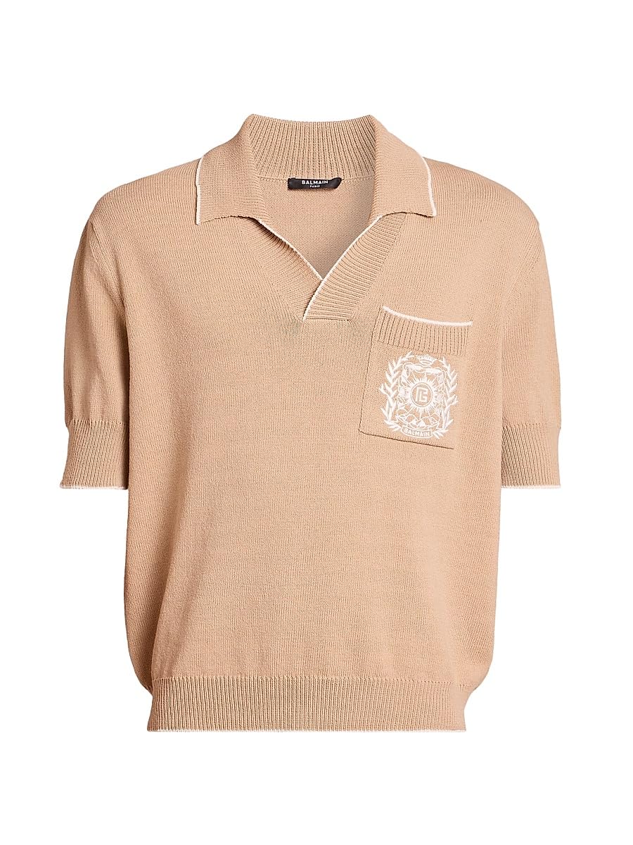 Balmain, Emblem Cotton-Blend Polo Shirt, Medium, Beige Natural