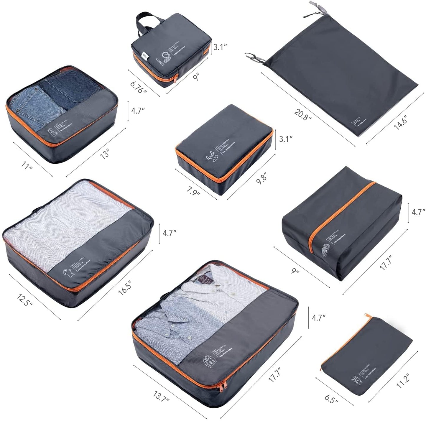 DIMJ Packing Cubes 8 Sets Travel Luggage Organizers for Suitcases Packing Organiser with Label Shoe Storage Bags Laundry Bag, Black
