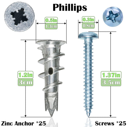 Ansoon Zinc Self-Drilling Drywall Anchors with Screws Kit, 25 Heavy Duty Metal Wall Anchors and 25#8 x 1-1/4'' Screws - 50 Pieces All Together