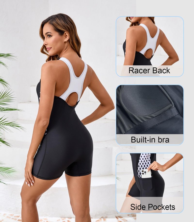 Halcurt Women's Boyleg One Piece Swimsuit with Pocket Racerback Athletic Bathing Suit Black Lozenge M
