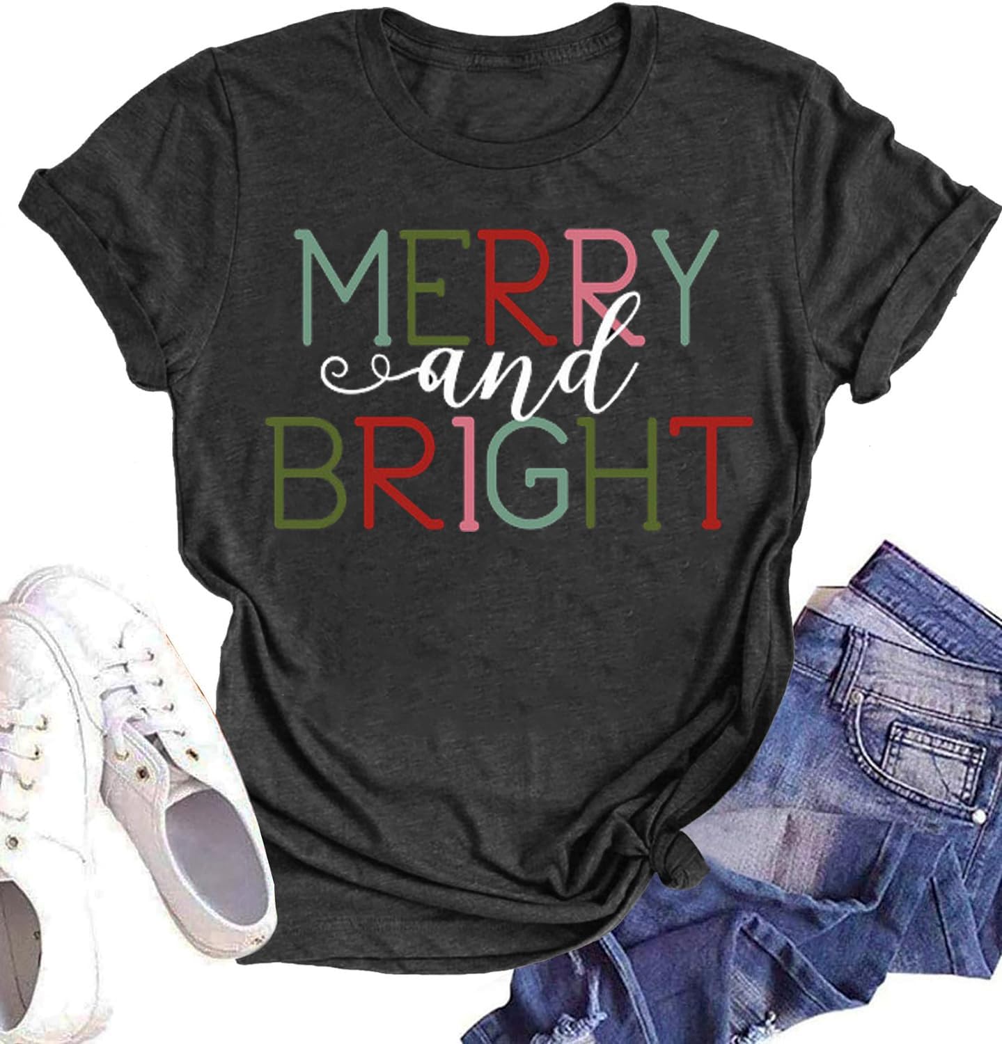 Woffccrd Womens Funny Christmas Shirts Merry and Bright T-Shirts Christmas Tree Shirts Merry Christmas Graphic Tee Tops (XXL,2 Dark Grey)