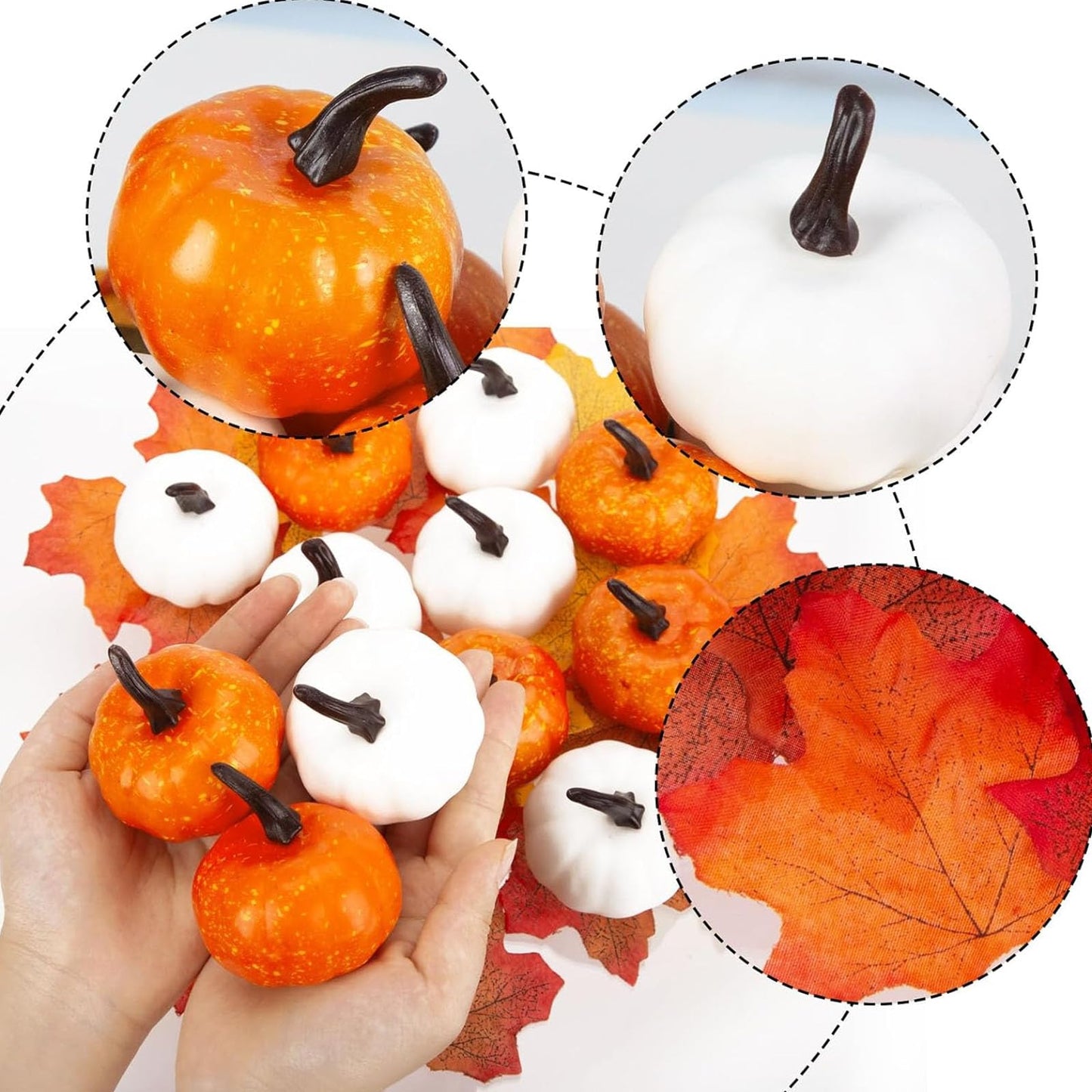 DomeStar 42 PCS Artificial Pumpkins Decorations, 12PCS Fake Pumpkins with 30Packs Maple Leaves and 1Packs String Lights for Fall Harvest Crafts Halloween Thanksgiving Decor
