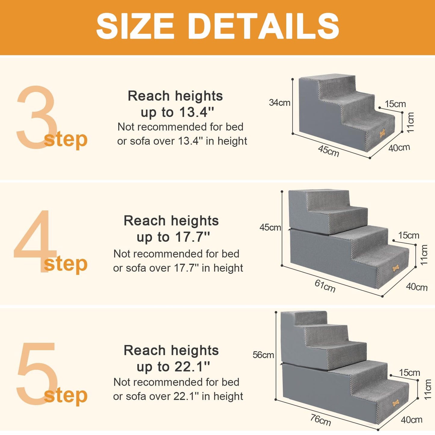Nepfaivy Dog Steps Stairs for Bed - Non-Slip Pet Stairs for Small Dogs and Cats, 3-Steps Dog Ramp for Sofa with High Density Foam and Removable Cover, 45x40x34cm