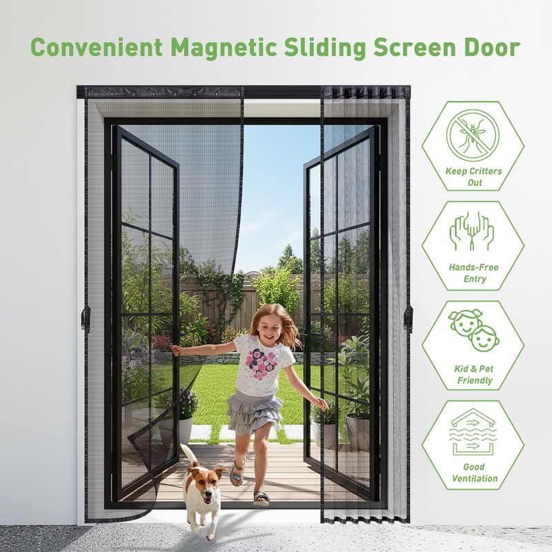 Sliding Screen Door with Track, Double Retractable Screen Doors, Fits Door Size 72 x 80 Inch, Smooth Sliding, Heavy Duty, Strong Magnets Mesh for French Patio Balcony Sliding Glass Door, Black