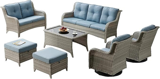Patio Furniture Swivel Chairs Set - 7 PC Wicker Rattan Outdoor Sectional Conversation Sets with 2 Rocking Chair,2 Ottoman,1 Sofa,1 Loveseat and 1 Coffee Table for Porch Deck(Light Grey/Sky Blue)